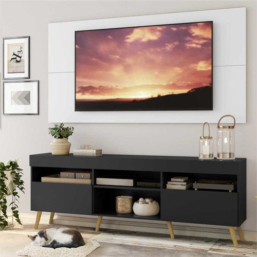 Rack com Painel e Suporte TV 65" Londres Multimóveis Pés Retrô e 2 portas Preto/Branco/Natural