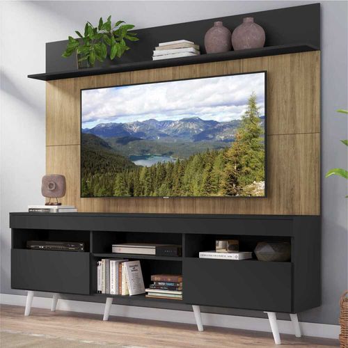 Rack com Painel e Suporte TV 65" Madri Multimóveis MP3374.579 Preto/Rustic com Prateleira e Pés Retrô Branco