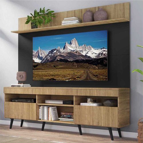 Rack com Painel e Suporte TV 65" Madri Multimóveis Rustic/Preto com Prateleira e Pés Retrô Preto