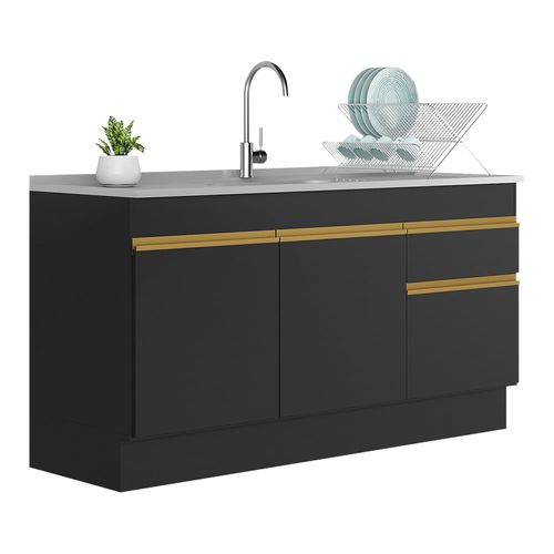 Balcão Cozinha com Rodapé Gabinete Pia 150 cm 3 Portas 1 Gaveta Veneza Multimóveis MP2115 Preto