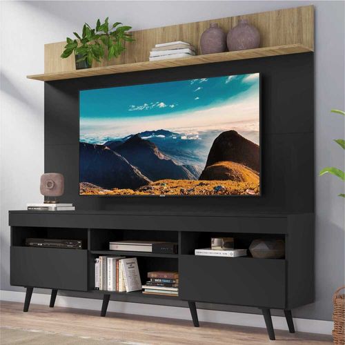 Rack com Painel e Suporte TV 65" Madri Multimóveis MP3374.566 Preto/Rustic com Prateleira e Pés Retrô Preto