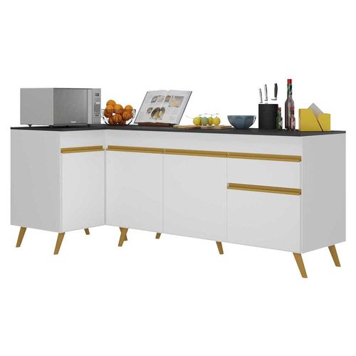 Kit Armário de Cozinha Balcão Canto 90cm e Gabinete Pia 150cm Veneza Multimóveis MP2158 Branco/Dourado