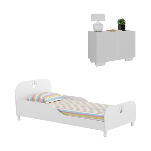 Cama Infantil para Colchão 70 x 150 cm e Mesa de Cabeceira 2 Portas Multimóveis MP4171 Branca