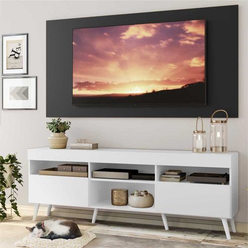 Rack com Painel e Suporte TV 65" Londres Multimóveis Pés Retrô e 2 portas Branco/Preto/Branco