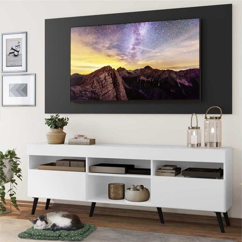 Rack com Painel e Suporte TV 65" Londres Multimóveis Pés Retrô e 2 portas Branco/Preto/Preto