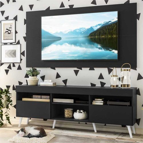 Rack com Painel e Suporte para TV até 65" Pés Retrô com 2 Portas Londres Multimóveis Preto/Branco