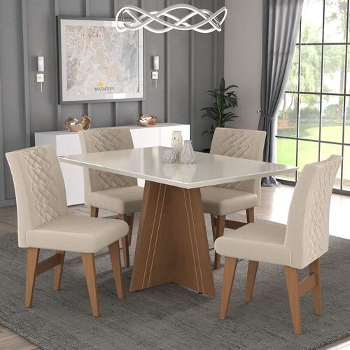 Conjunto Mesa de Jantar 136 cm com 4 cadeiras Marselha Multimóveis EX1007 Madeirado/Off White/Bege