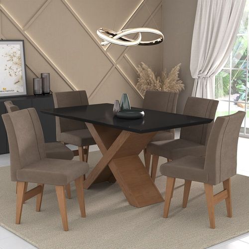 Conjunto Mesa de Jantar 160 cm com 6 cadeiras Lisboa Multimóveis EX1008 Madeirado/Preto/Castor