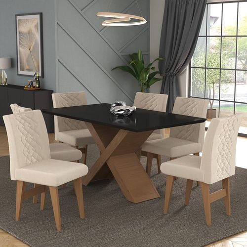 Conjunto Mesa de Jantar 160 cm com 6 cadeiras Moscou Multimóveis EX1009 Madeirado/Preto/Bege