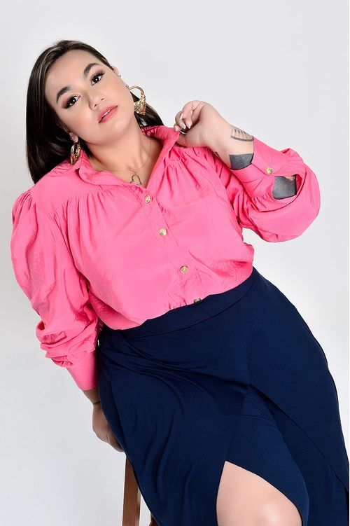 Camisa Rosa Manga Longa Plus Size