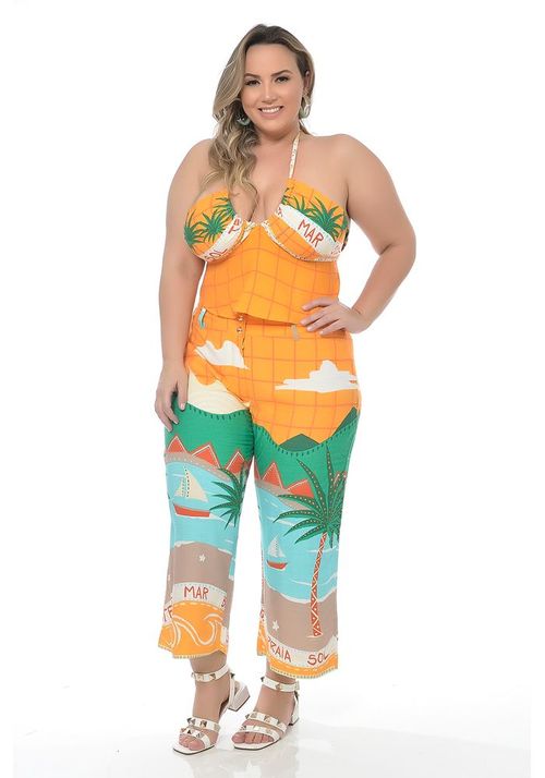 Calça Pantacourt em Viscose Amarela Tropical Plus Size