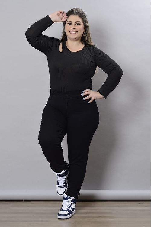 Body Preto Manga Longa Canelado Plus Size