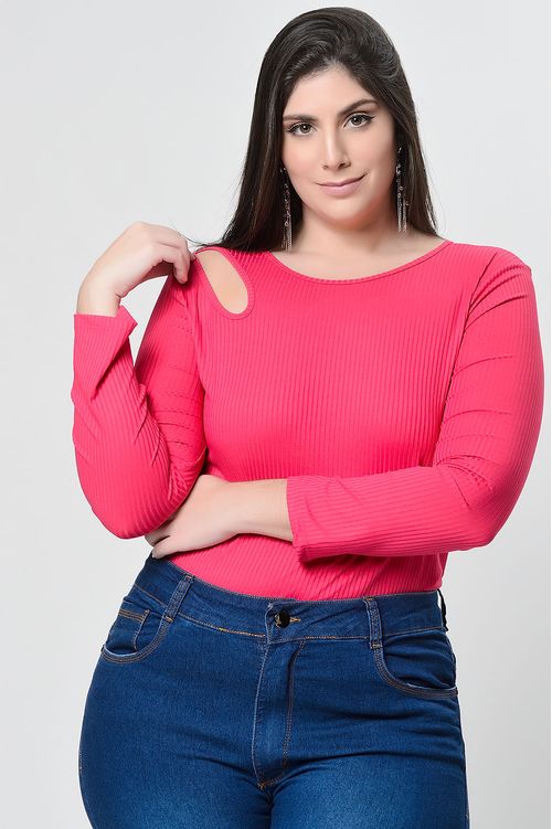 Body Rosa Manga Longa Canelado Plus Size