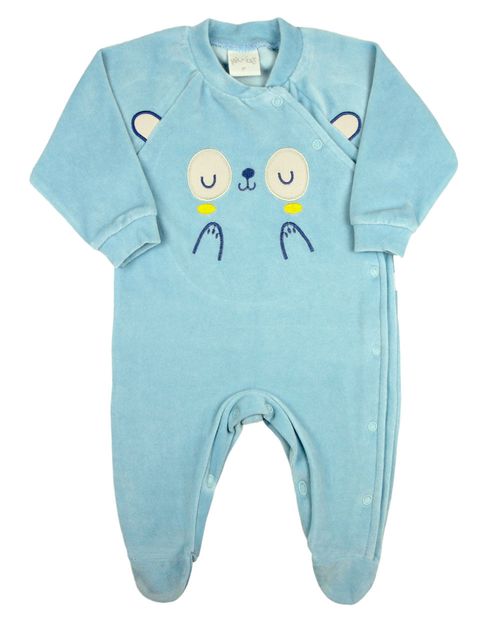 Macacao Bebe Menino Plush Bordado Caretinha de Ursinho - Azul