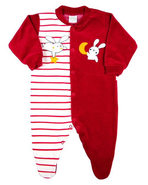 Macacao Bebe Menino Plush Liso e Listrado com Bordados Aplicados de Coelhinhos - Vermelho