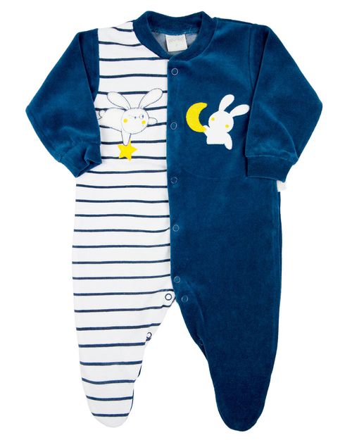 Macacao Bebe Menino Plush Liso e Listrado com Bordados Aplicados de Coelhinhos - Azul Jeans