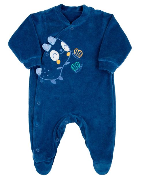 Macacao Bebe Menino Plush com Bordados Aplicados de Monstrinho - Azul Jeans