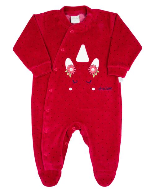 Macacao Bebe Menina Plush Estampado Poá com Bordados Aplicados de Unicórnio - Vermelho