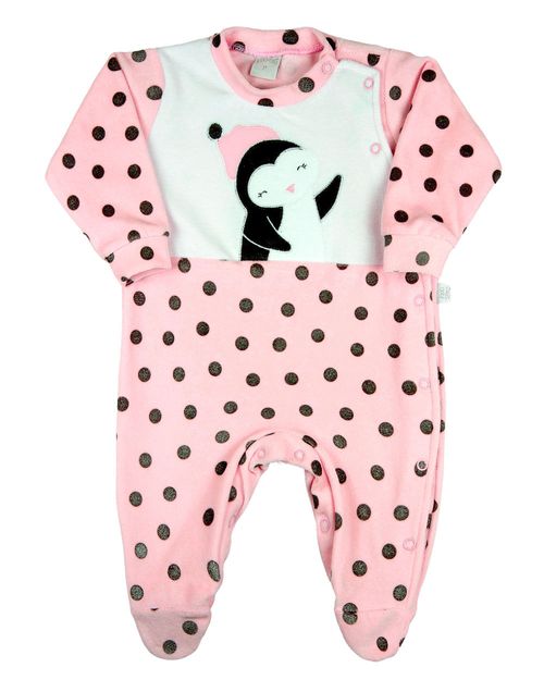 Macacao Bebe Menina Plush Estampado Bolinhas com Bordados Aplicados de Pinguim - Rosa