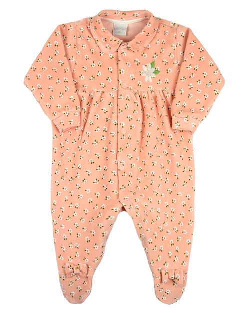 Macacao Bebe Menina Plush Estampado Floral Bordado de Flor - Salmão