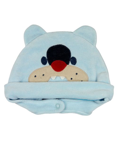 Touca de Bebe Plush com Botão Bordado de Cachorrinho Bulldog - Azul