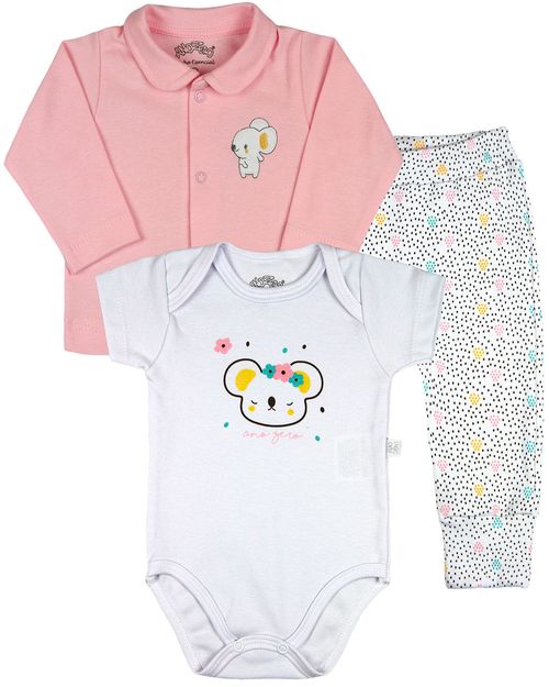 Conjunto Bebe Menina Suedine Liso e Suedine Estampado Ursinha Coala - Rosa