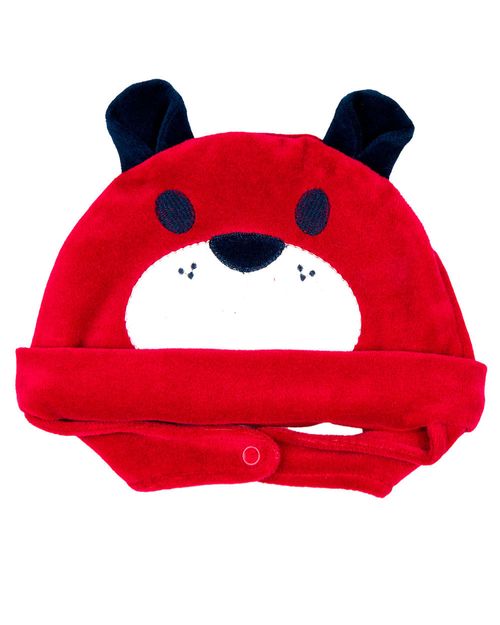 Touca de Bebe Plush com Botão Bordado de Ursinho - Vermelho