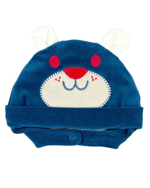 Touca de Bebe Plush com Botão Bordado de Ursinho - Azul Jeans