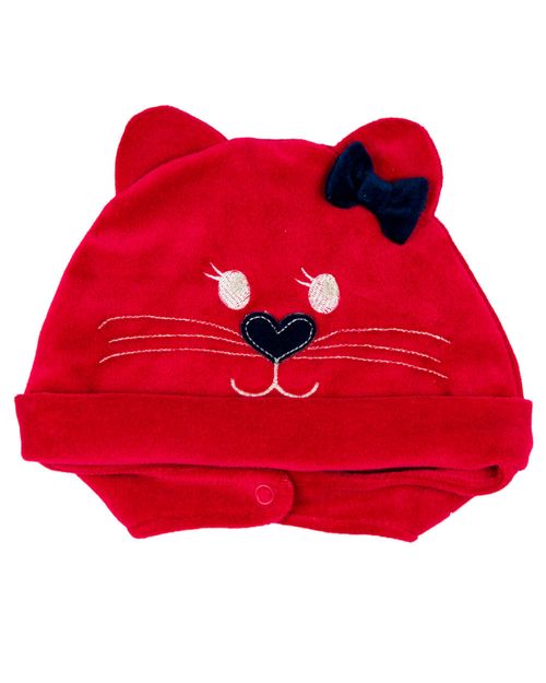 Touca de Bebe Menina Plush com Botão Bordado de Gatinha - Vermelho