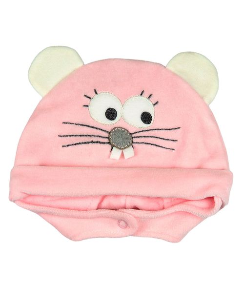 Touca de Bebe Plush com Botão Bordado de Ratinho - Rosa