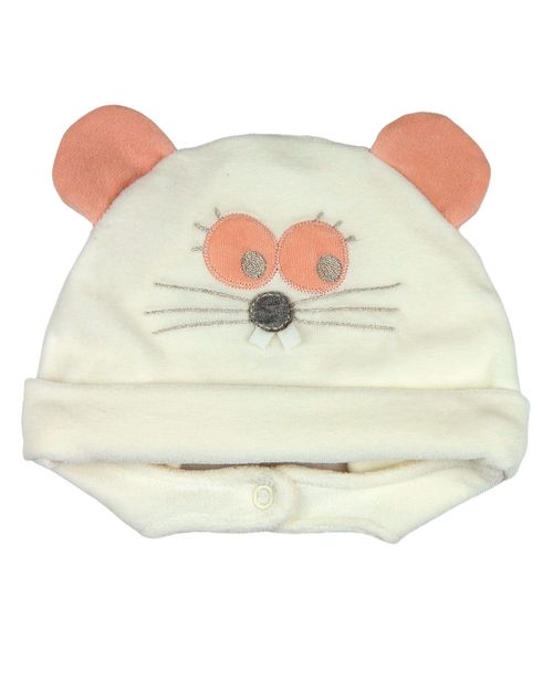 Touca de Bebe Plush com Botão Bordado de Ratinho - Natural