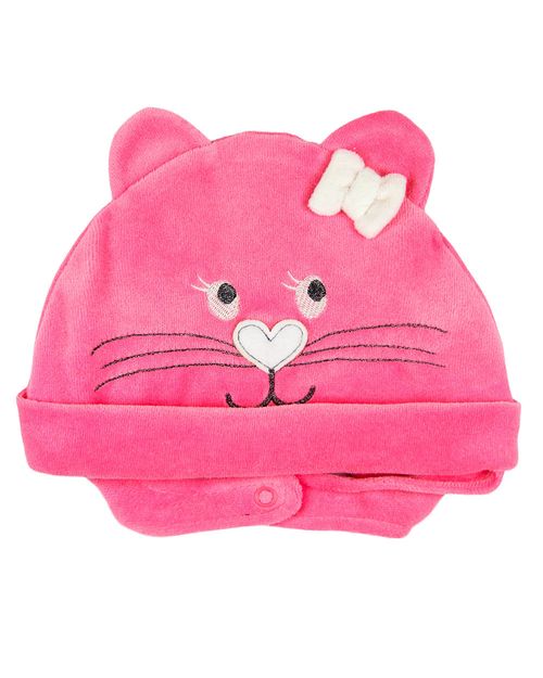 Touca de Bebe Menina Plush com Botão Bordado de Gatinha - Rosa Escuro