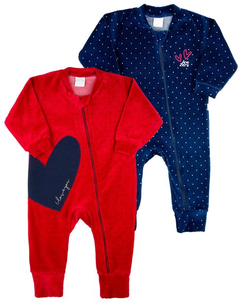 Macacao Bebe Menina Plush Estampado Bolinhas Kit Macacão Plush Menina Coração 2 Peças - Vermelho