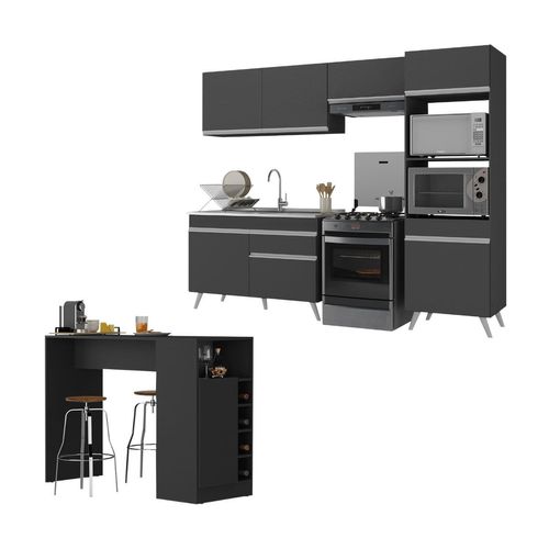 Armário de Cozinha Compacta com Mesa/Bancada Veneza Multimóveis MP2210 Preto/Branco