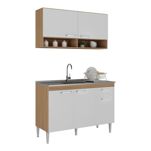 Cozinha Compacta 120cm com Armário e Balcão para Pia Paris Multimóveis MP2231 Rustic/Branco