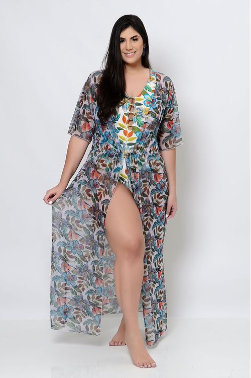 Saída de Praia Longa Floral Plus Size