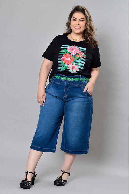 Calça Pantacourt Jeans com Elastano Plus Size Karina