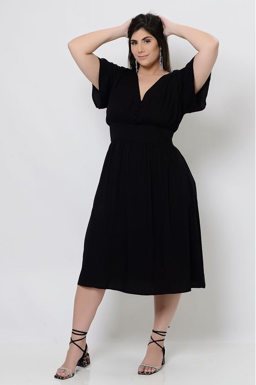 Vestido Midi Preto Decote V Plus Size