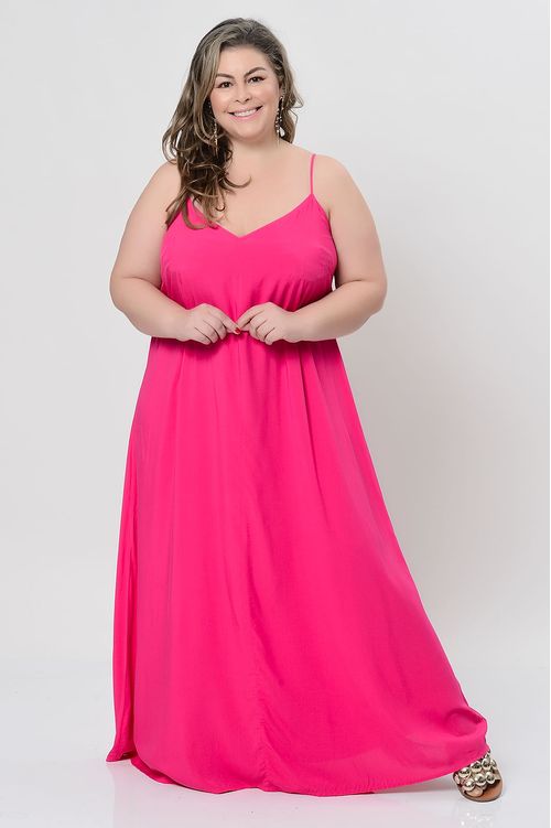 Vestido Longo em Viscose Rosa Decote V Plus Size