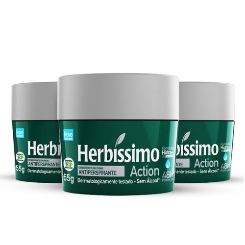 Kit Desodorante Creme Antitranspirante Action Herbissimo 55G - 3 unidades