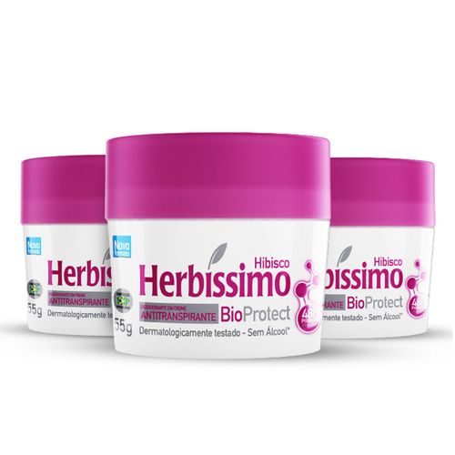 Kit Desodorante Herbíssimo Creme Antitranspirante Bioprotect Hibisco 55G - 3 unidades