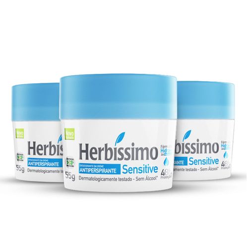Kit Desodorante Creme Antitranspirante Sensitive Herbissimo 55G - 3 unidades