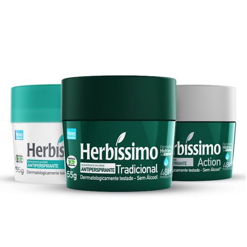 Kit Desodorante Creme Antitranspirante Tradicional, Action e Neutro Herbissimo 55G - 3 unidades