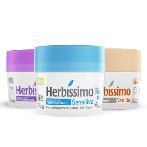 Kit Desodorante Creme Antitranspirante Herbissimo 55G Lavanda, Sensitive e Vanilla - 3 unidades