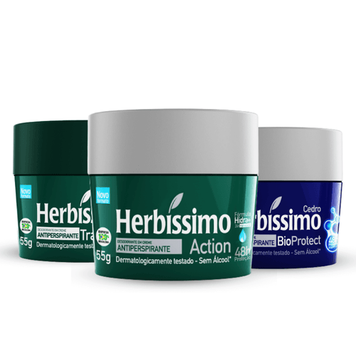 Kit Desodorante Creme Antitranspirante Herbissimo 55G Tradicional, Action e Cedro - 3 unidades