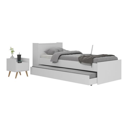 Conjunto Quarto Bicama com Colchão e Baú/Mesa de Cabeceira Retrô Multimóveis MP4222 Branco/Natural