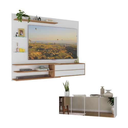 Painel para TV até 65 Polegadas com Aparador 4 Portas com Espelho Multimóveis MP1088 Rustic/Branco