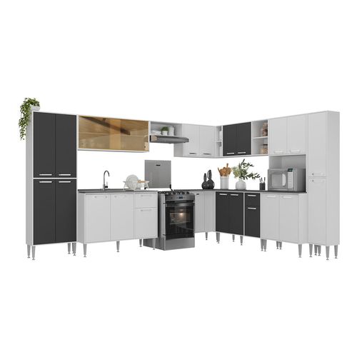 Cozinha Modulada Completa com Armário e Balcão 10 Pçs Siena Multimóveis MP2242 Branca/Preta