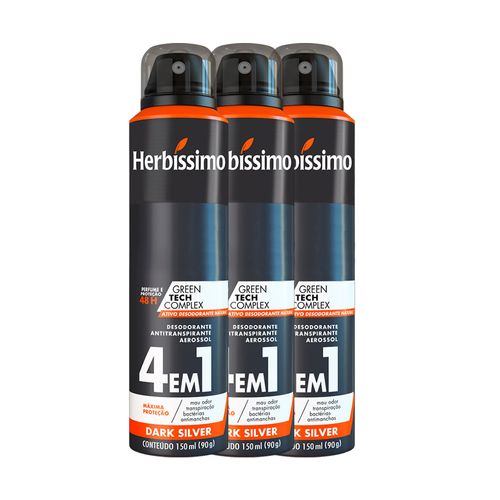 Kit Desodorante Aerosol Antitranspirante Herbissimo Dark Silver 150Ml com 3 Unidades