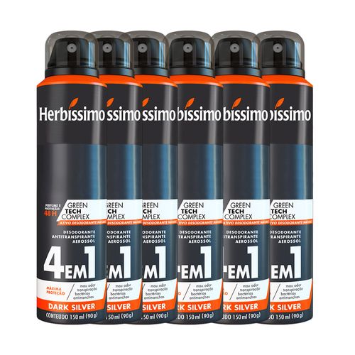 Kit Desodorante Aerosol Antitranspirante Herbissimo Dark Silver 150Ml com 6 Unidades